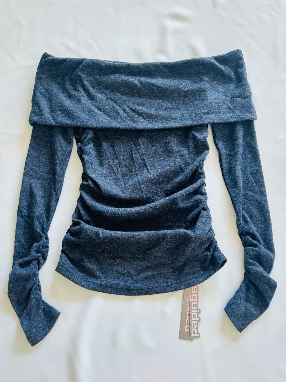 NWT Missguided Medium Navy Blue Off Shoulder Ruched Bardot Top Long Sleeve Flap